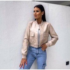 Женский бомбер на кнопках (Экокожа на байке) беж