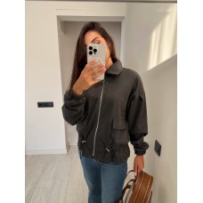 Бомбер на молнии с карманами+кулиской по низу кашемир принт елочка темный серый