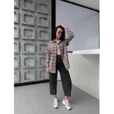 Рубашка в клетку удлиненная свободного оверсайз фасона бежевый