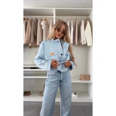 Курточка с карманами+поясом из костюмки голубой