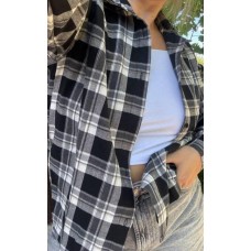 Рубашка прямого кроя в клетку+рукав длинный черный+графит+белый
