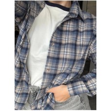Рубашка прямого кроя в клетку+рукав длинный сине-бежевый