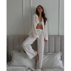 Домашний комплект (рубашка и брюки) хлопок принт сердечки белый