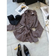 Рубашка в мелкую клеточку с длинным рукавом сливовый