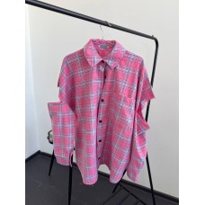 Рубашка в мелкую клетку с эффектом надорванных рукавов розовый+голубая полоска