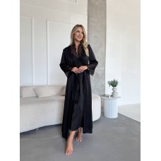 Шелковый Комплект,украшен нежным кружевом длинной макси (рубашка+халат) черный