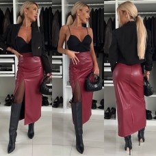 Кожаная юбка длиной миди с разрезом марсала