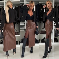 Кожаная юбка длиной миди с разрезом шоколад