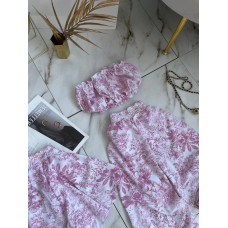 Шелковая пижама тройка (топ+свободные шортики+брюки) розовый принт