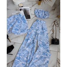 Шелковая пижама тройка (топ+свободные шортики+брюки) голубой принт