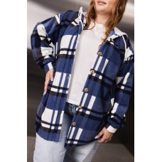 Рубашка с капюшоном и накатом на спинке (Флис клетка+тринитка) синий