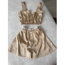 Шелковая пижама с рюшами (топ+шортики) бежевый