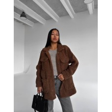 Рубашка из объемного барашка с карманами шоколад