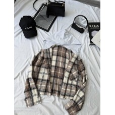 Рубашка в клетку с капюшоном кашемир коричневый