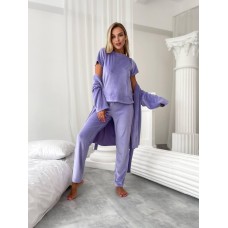Пижамный комплект-тройка: футболка+халат с поясом+штаны лавандовый