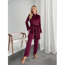 Пижамный комплект-тройка: футболка+халат с поясом+штаны бордовый