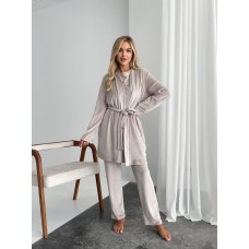 Пижамный комплект-тройка: футболка+халат с поясом+штаны бежевый