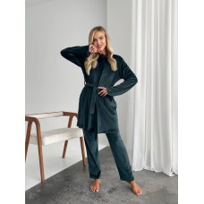 Пижамный комплект-тройка: футболка+халат с поясом+штаны изумрудный