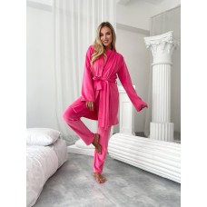 Пижамный комплект-тройка: футболка+халат с поясом+штаны малина