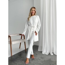 Пижамный комплект-тройка: футболка+халат с поясом+штаны белый