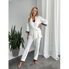 Велюровый комплект-тройка Пижама (майка+халат+штаны) молочный