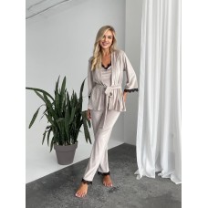 Велюровый комплект-тройка Пижама (майка+халат+штаны) бежевый