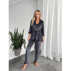 Велюровый комплект-тройка Пижама (майка+халат+штаны) графит