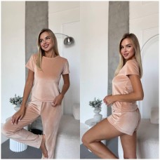 Плюшевая пижамка 3в1 футболка+шорты+штаны беж