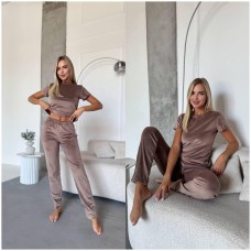 Плюшевая пижамка 3в1 футболка+шорты+штаны мокко