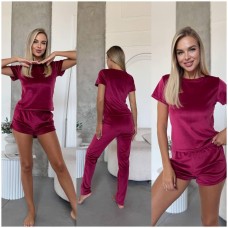 Плюшевая пижамка 3в1 футболка+шорты+штаны бордо