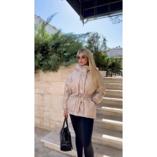 Куртка короткая с капюшоном и поясом (плащевка) бежевый