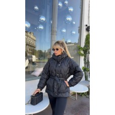 Куртка короткая с капюшоном и поясом (плащевка) черный