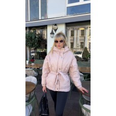Куртка короткая с капюшоном и поясом (плащевка) пудра