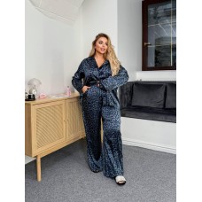 Шелковая пижама рубашка на пуговицах+штаны синий Лео