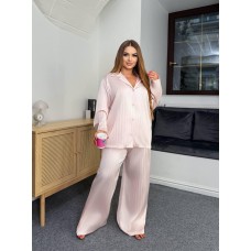 Шелковая пижама рубашка на пуговицах+штаны розовая полоска