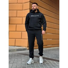Мужской теплый костюм: кофта с капюшоном и карманом кенгуру+штаны с карманами черный