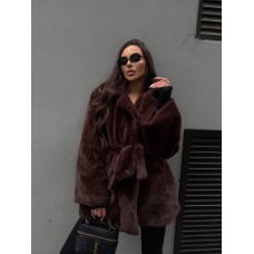 Женская шубка на подкладке с поясом (мутон) шоколад