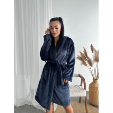 Махровый халат с поясоми капюшоном синий