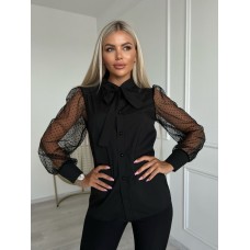 Женская блуза с бантом и рукавами в сеточку черный