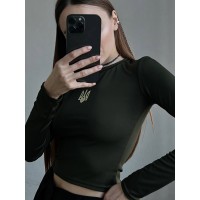 Базовый обтягивающий топ с патриотической символикой в виде «Золотого Трезубца» хаки