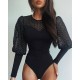 Красивый боди с сеткой и пышными рукавами черный