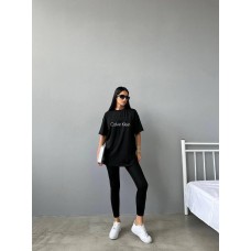 Бомбезный женскай костюм с накатом футболка+лосины черный