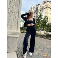 Велюровый костюм тройка (штаны клеш высокая посадка+топ+укороченная кофта на молнии) темно-синий