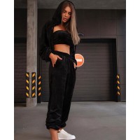 Костюм тройка удобный худи+джогеры+топ черный
