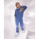 костюм двойка штаны на резинке+кофта с нашивкой джинс+голубой
