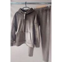 Женский костюм (худи с капюшоном+на манжете разрез для пальца+лосины высокая посадка) велюр беж