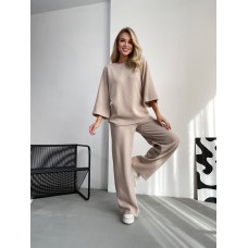 Костюм кофта с укороченным рукавам + свободные широкие штаны бежевый