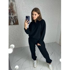 Костюм-двойка кофта с воротником и свободные штаны вельвет Вафля черный