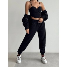 Комфортный костюм (худи oversize на молнии+топ с чашками+свободные брюки) черный