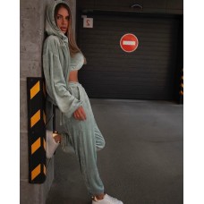 Костюм тройка удобный худи+джогеры+топ оливка